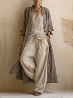 Casual Bohemian Linen And Cotton Long Cardigan And Sleeveless Top And Pants Three-piece Set