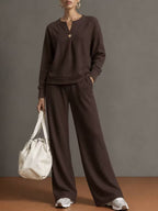 Women'S Notch‑Neck Button Long‑Sleeve Top & Wide‑Leg Pants Two‑Piece Loungewear Set