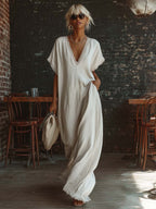 Casual Bohemian Urban V-neck Short-sleeved Lace Trim White Cotton Maxi Dress
