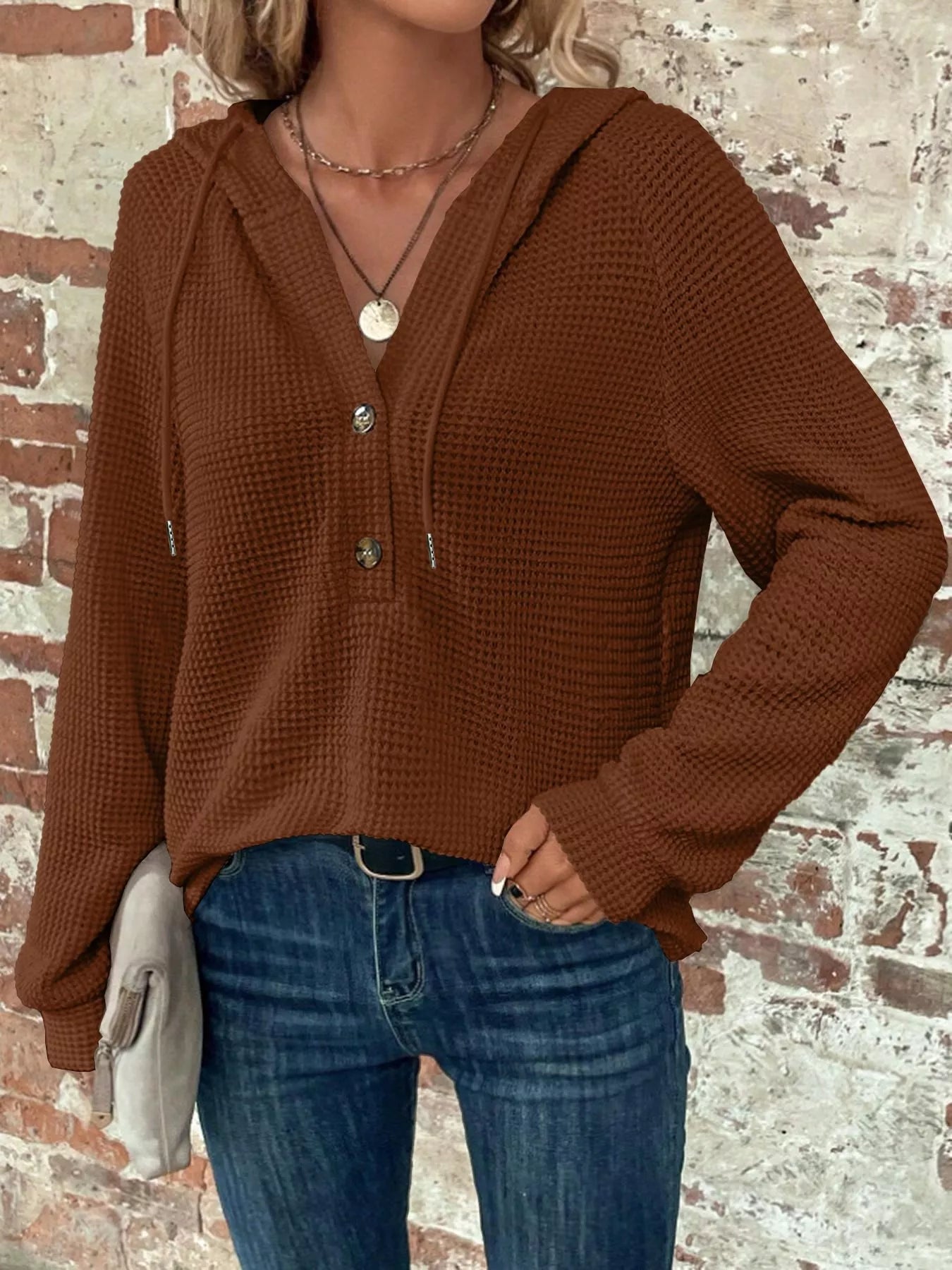 Waffle Knit Button Detail Hoodie