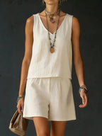 Casual V-Neck Sleeveless Top & Shorts Set