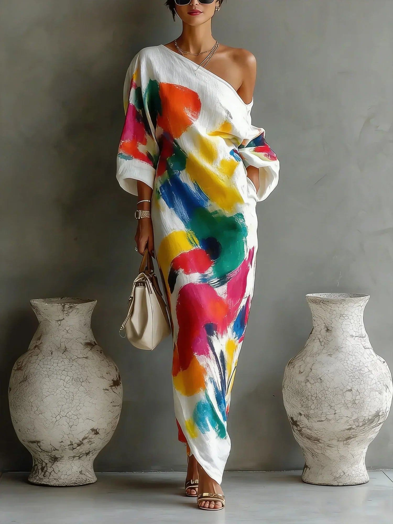 Women's Artistic Print One-shoulder Maxi Dress
