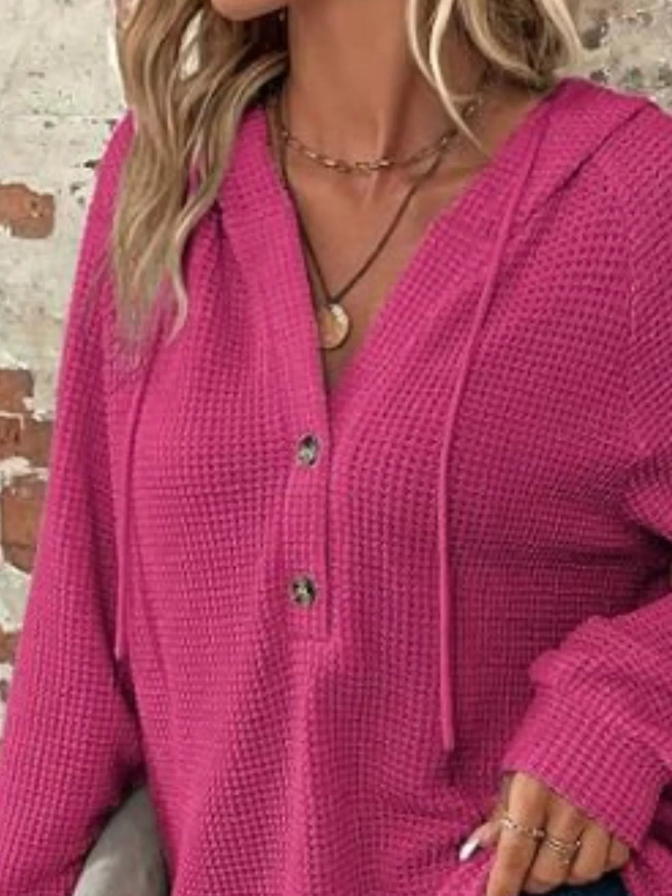 Waffle Knit Button Detail Hoodie