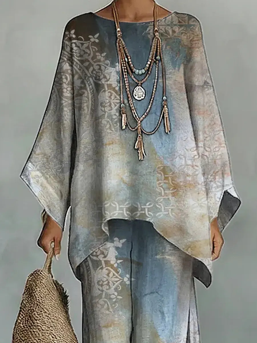 Women's Vintage Floral Art Comfortable Loose Cotton Linen Wide-leg Pants Two-piece Set