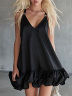 Elegant And Casual Solid Color V-Neck Ruffled Mini Skirt
