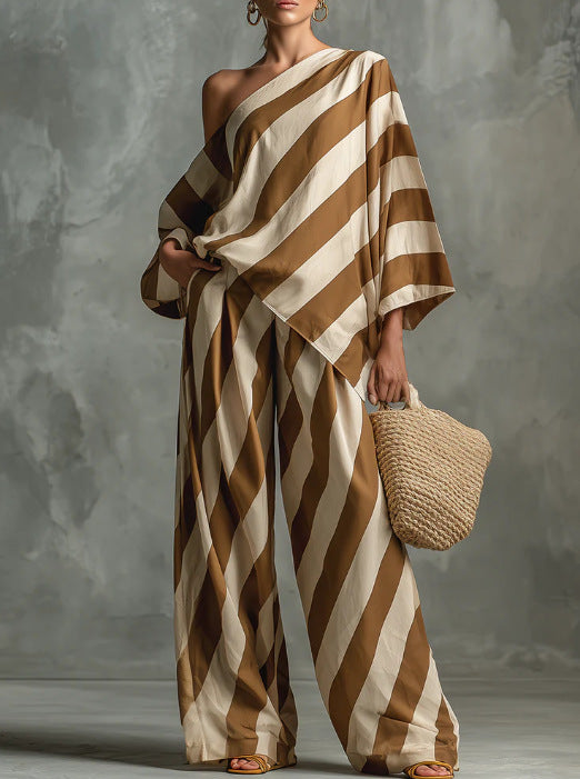 Striped Asymmetric Top & Wide-Leg Pants Set