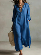 Lazy Style Solid Color Lapel Casual Long-Sleeved Shirt Dress