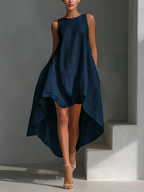 Women's White Linen Fabric Sleeveless Midi Dress With Round Neck