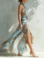 Blue Leopard Print Chiffon Maxi Dress