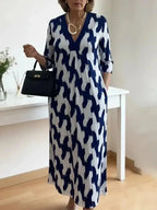 Elegant Art Print Color Block Trim V-neck Midi Dress