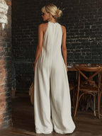 Retro Urban Bohemian V-neck Lace Trim Sleeveless Off-white Cotton Jumpsuit