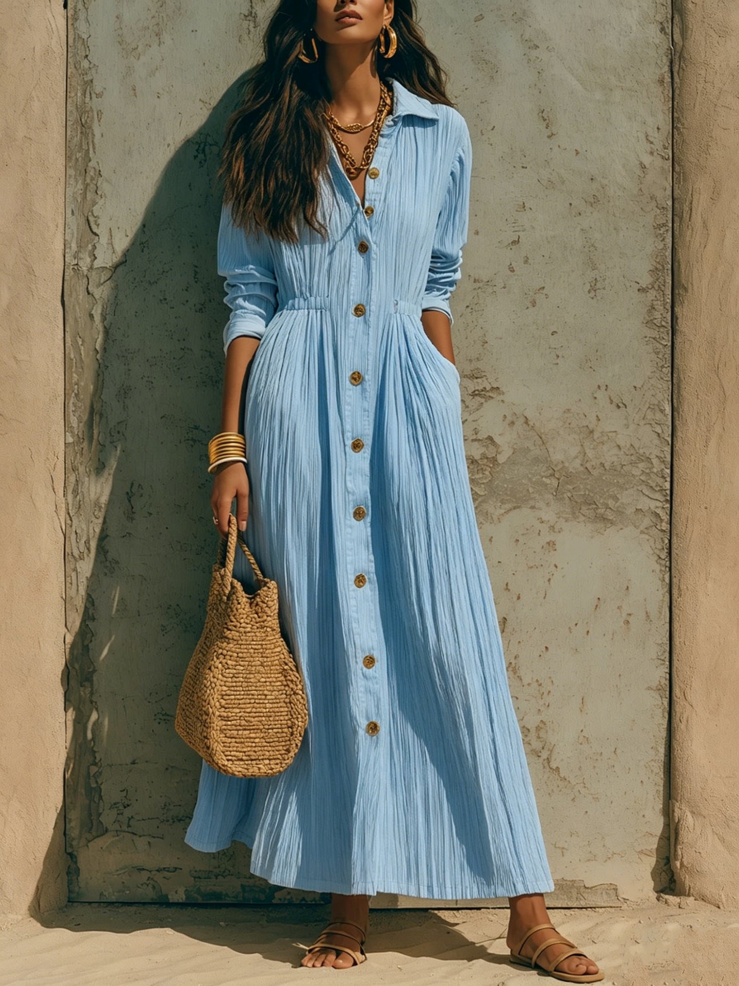 Women'S Crinkle‑Textured Collared Button‑Front Maxi Shirt Dress