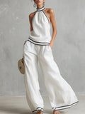 Halterneck Sleeveless Wide-Leg Pants Suit For Women