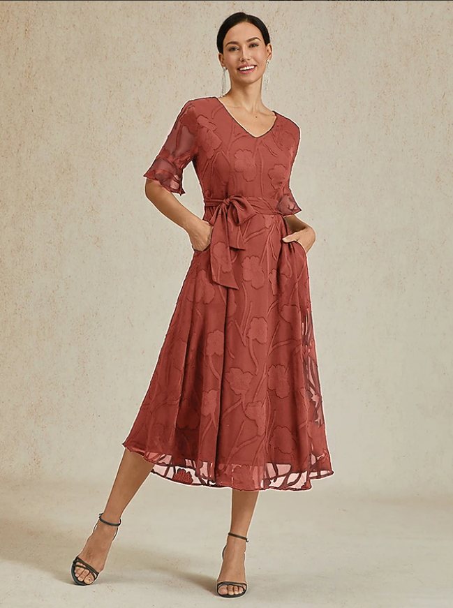 Sheer Sleeve V-Neck Floral Dress