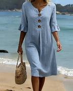 Button Ruffle Sleeve 100% Cotton Dress