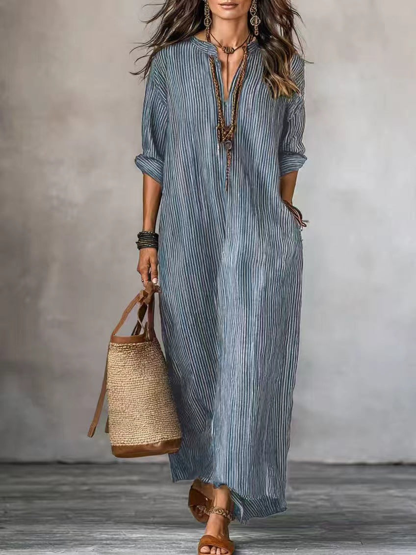 Textured Crinkled V Neck Half Sleeve Loose Maxi Dress