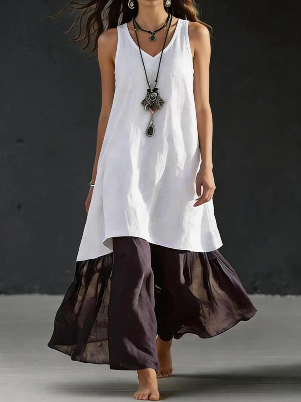 High-Low Tunic Top & Sheer Layered Wide Leg Pants