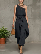 Stylish Casual Linen And Cotton One-shoulder Sleeveless Jumpsuit