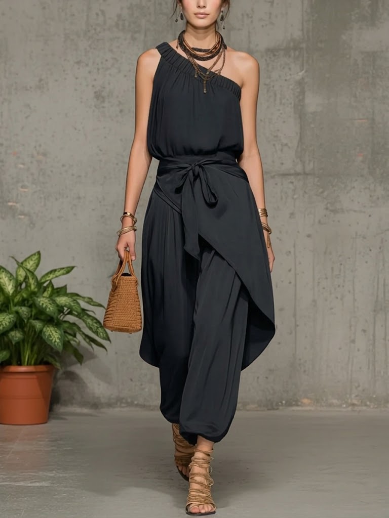 Stylish Casual Linen And Cotton One-shoulder Sleeveless Jumpsuit