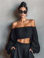 Women's Minimalist Linen Blend Strapless Long-sleeved Blouse And Wide-leg Pants Set