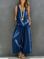 Linen V-neck Sleeveless Top And Wide Leg Pants Set