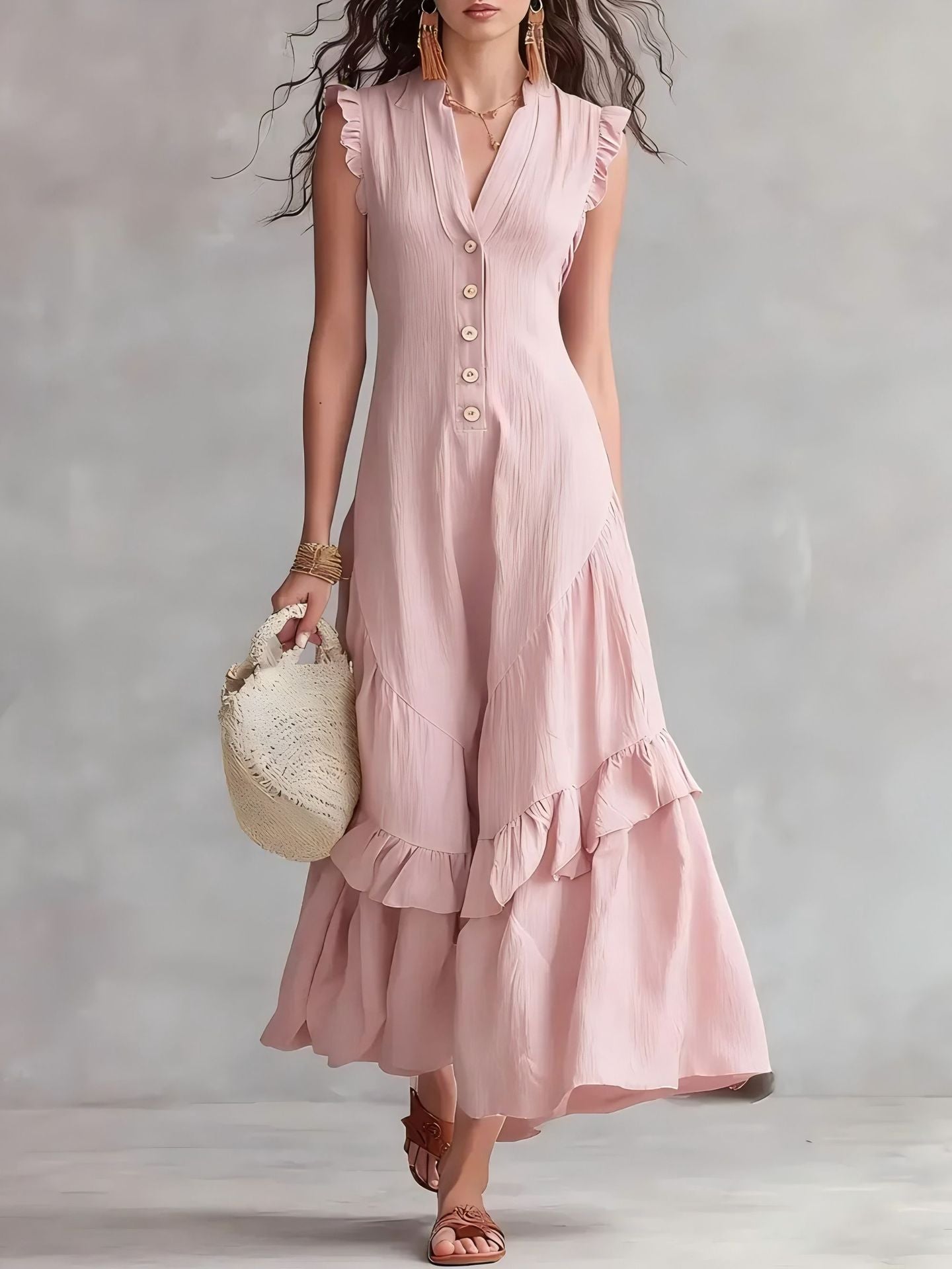 Sleeveless Ruffled V-Neck Maxi Dress