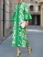 Flared Sleeves Loose Flower Print Pleated Pockets Split-Side V-Neck Maxi Dresses