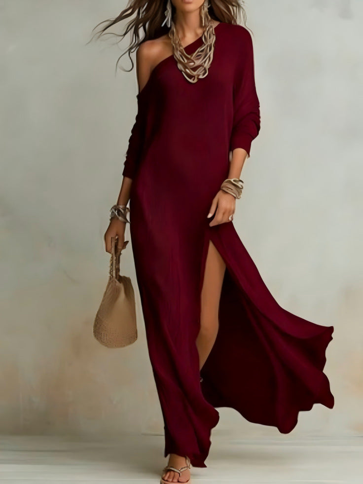 Elegant Long-Sleeved Knitted Pleated Slit Women'S Dress