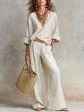Off White Natural Linen Loose Fitting Resort Wear Set