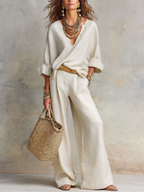 Off White Natural Linen Loose Fitting Resort Wear Set