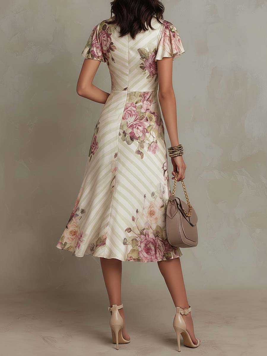 Elegant Vintage Floral Chiffon Midi Dress