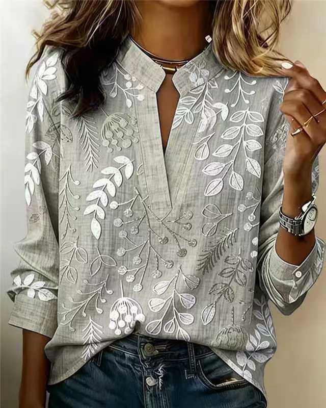 Women'S Floral Print Notch Collar Long Sleeve Blouse