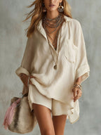Fashion Cotton Linen Pocket Beach Shorts Shirt Suit