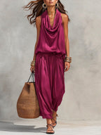 Cozy Elegant Draped Sleeveless Top And Pants Two-piece Set