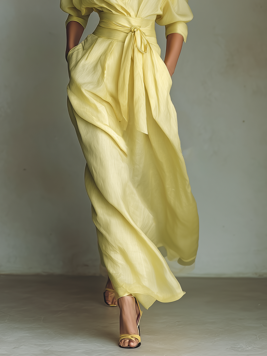 Women's Lemon Yellow Cotton And Linen Blend Maxi Shirt Dress With Tie Waist & Half Sleeves