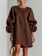 Women Blush Pink Fabric Floral Appliqué Balloon‑Sleeve Shift Mini Dress