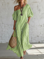 Urban Black Chiffon Striped Print Off Shoulder Maxi Dress
