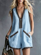 Women's V-neck Sleeveless Casual Loose Cotton-linen Wide-leg Romper