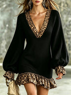 Women'S Ribbed Knit Leopard‑Trim V‑Neck Balloon Sleeve Mini Dress