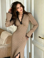 Women Polka‑Dot Lace Trim Long Sleeve Midi Dress