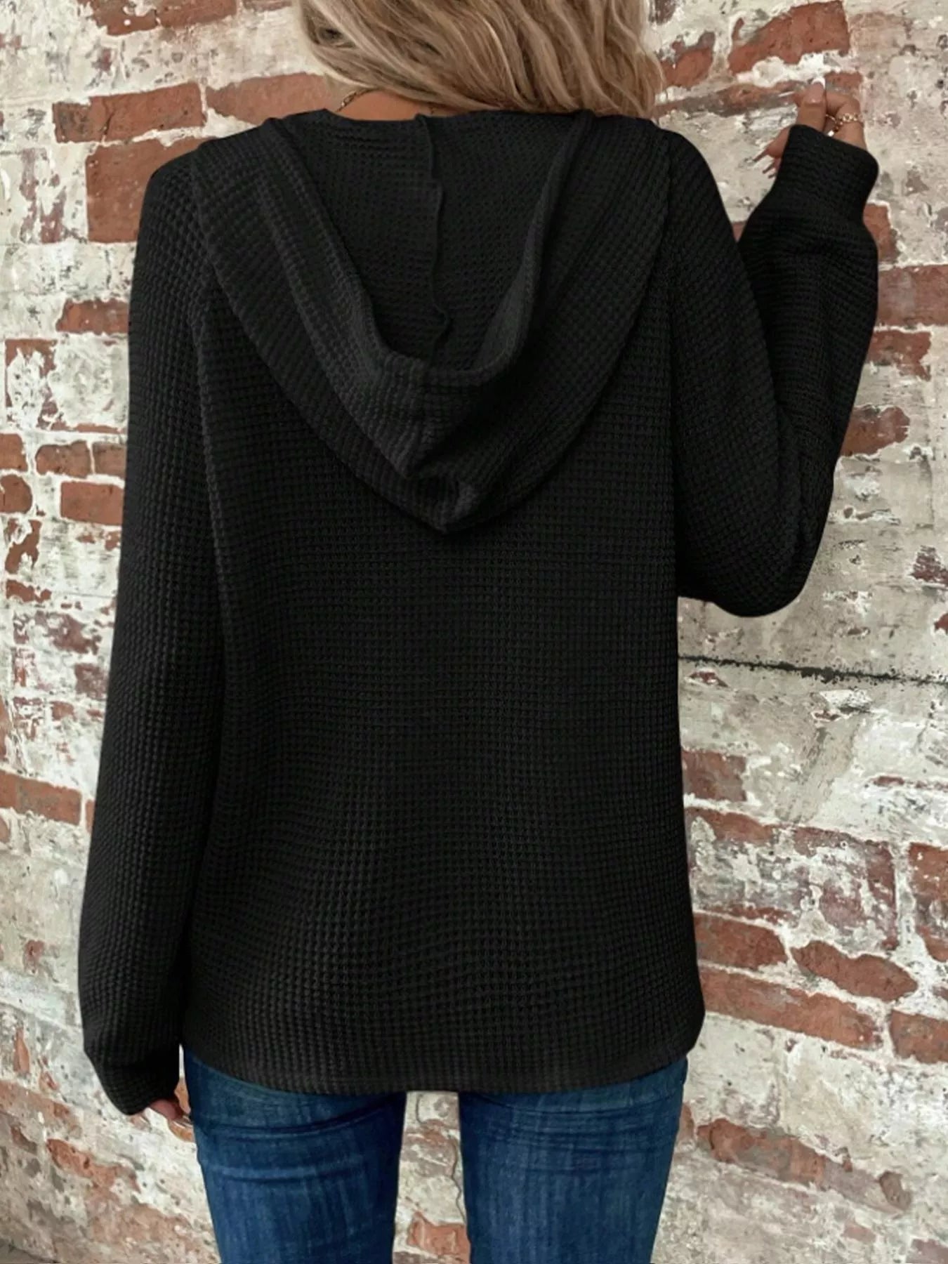 Waffle Knit Button Detail Hoodie