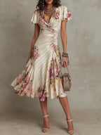 Elegant Vintage Floral Chiffon Midi Dress