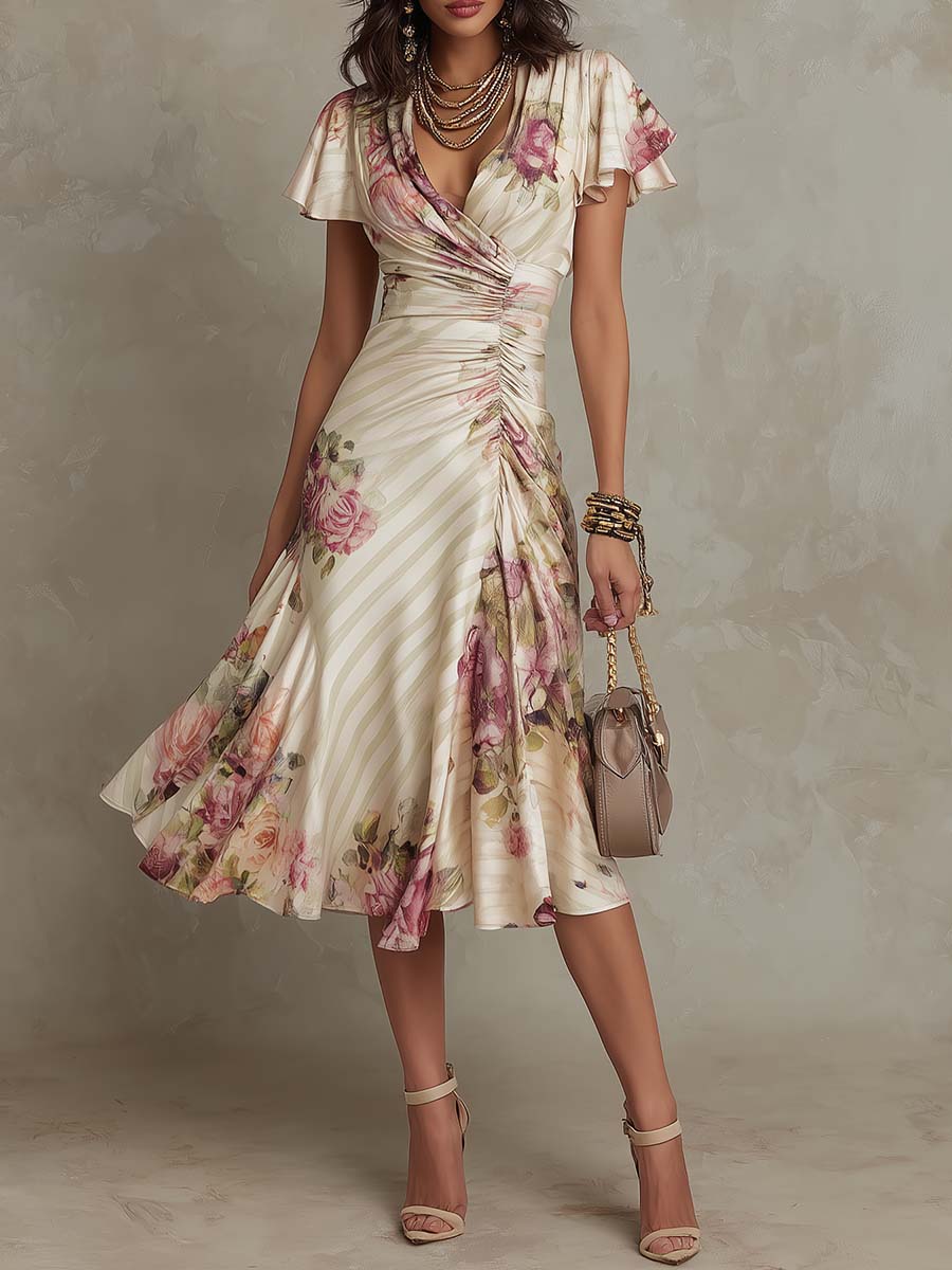 Elegant Vintage Floral Chiffon Midi Dress