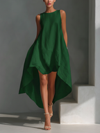 Women's White Linen Fabric Sleeveless Midi Dress With Round Neck
