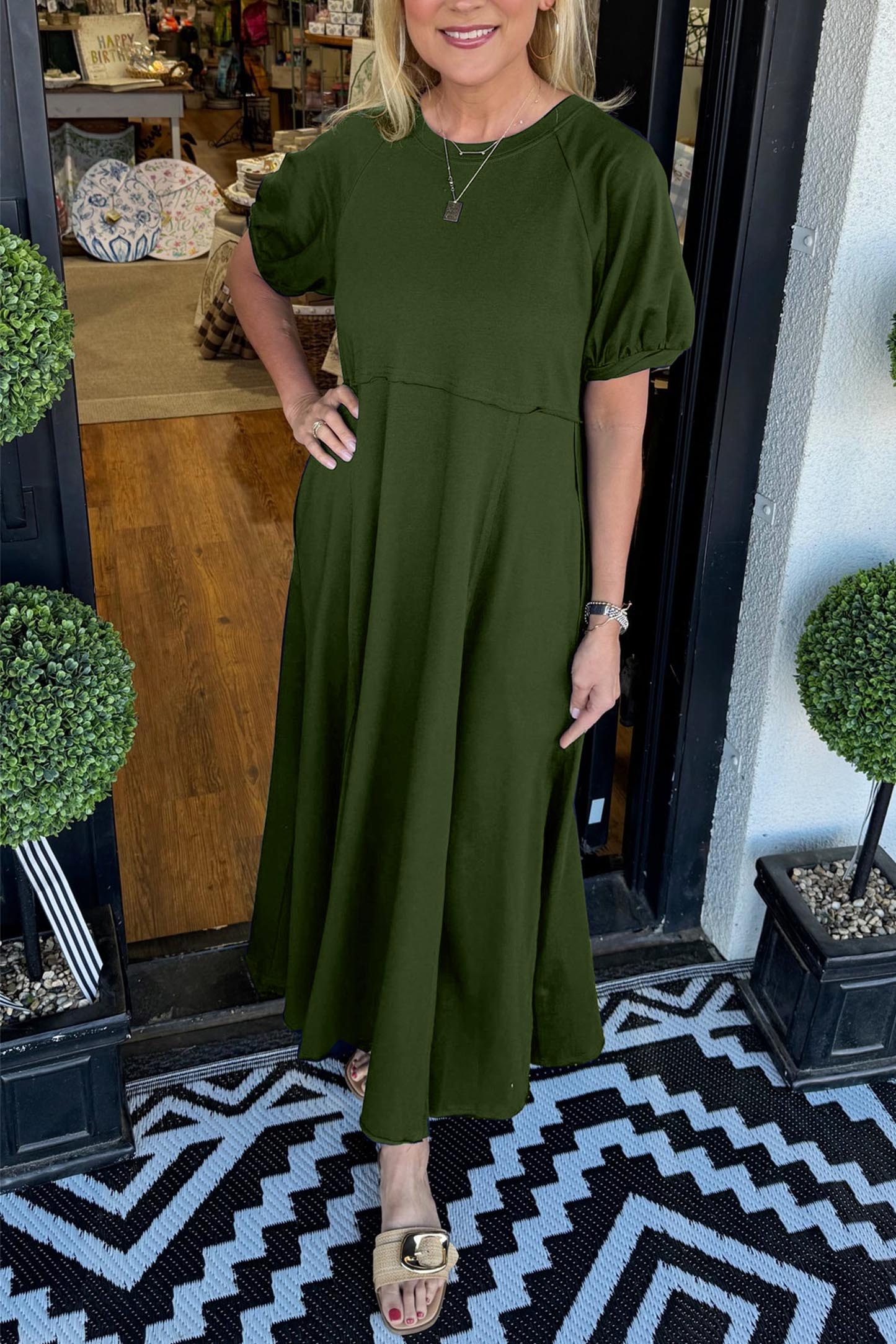 🔥Women's Solid Color Puff Sleeve Round Neck Long Dress（Buy 2 Free Shipping）