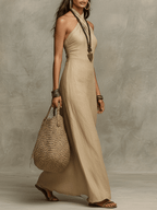 Relaxed Soft Drape Halter Column Linen Halter Maxi Dress