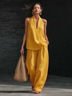 Casual Urban Style White Linen V-neck Sleeveless Top And Wide Leg Pants Set