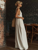 Retro Urban Bohemian V-neck Lace Trim Sleeveless Off-white Cotton Jumpsuit