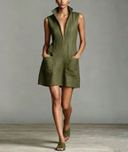 Linen Stand Collar Half Zip Sleeveless Pocket Mini Shift Dress