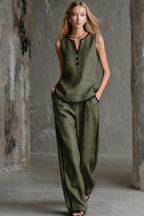 Loose-fitting Cotton-linen Color-blocked Sleeveless Top And Pants Set
